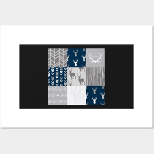 Patchwork Woodland - navy and grey Posters and Art